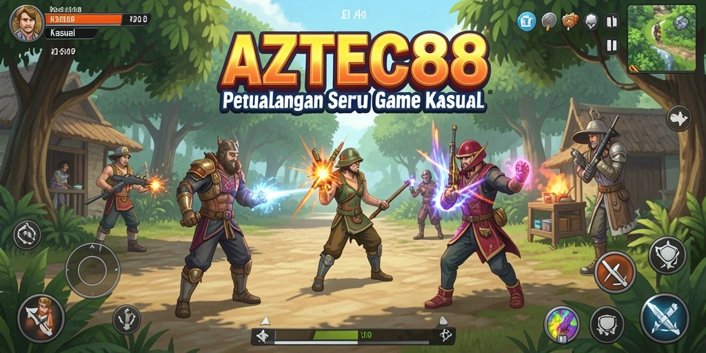 Screenshot AZTEC88 menunjukkan antarmuka yang cerah dan interaktif.
