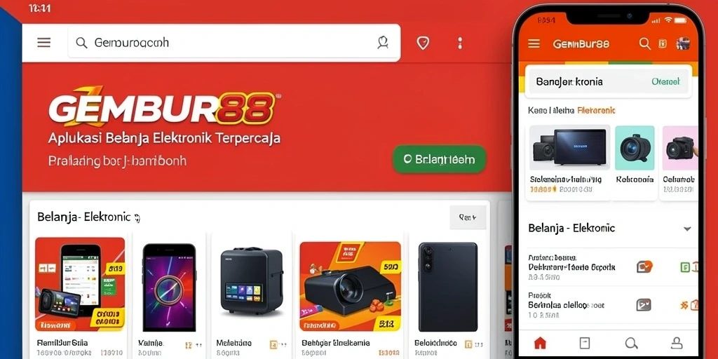 Tampilan antarmuka aplikasi GEMBUR88 untuk belanja elektronik.