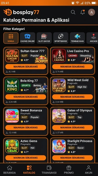 Tampilan katalog aplikasi bosplay77